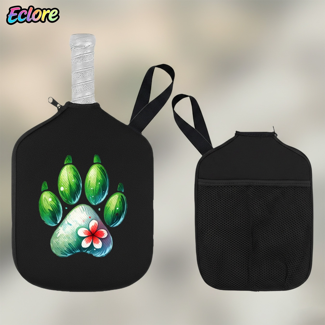 Racket Cover Bag - Yeşil Suluboya Pati Baskılı Kürek Kılıfı,
